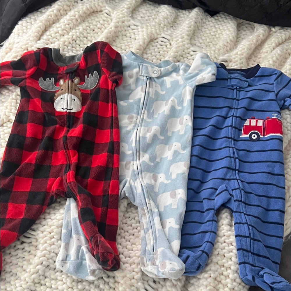 Carter's Red Plaid Moose, Blue Elephant, and Blue Fire Truck fleece Footies